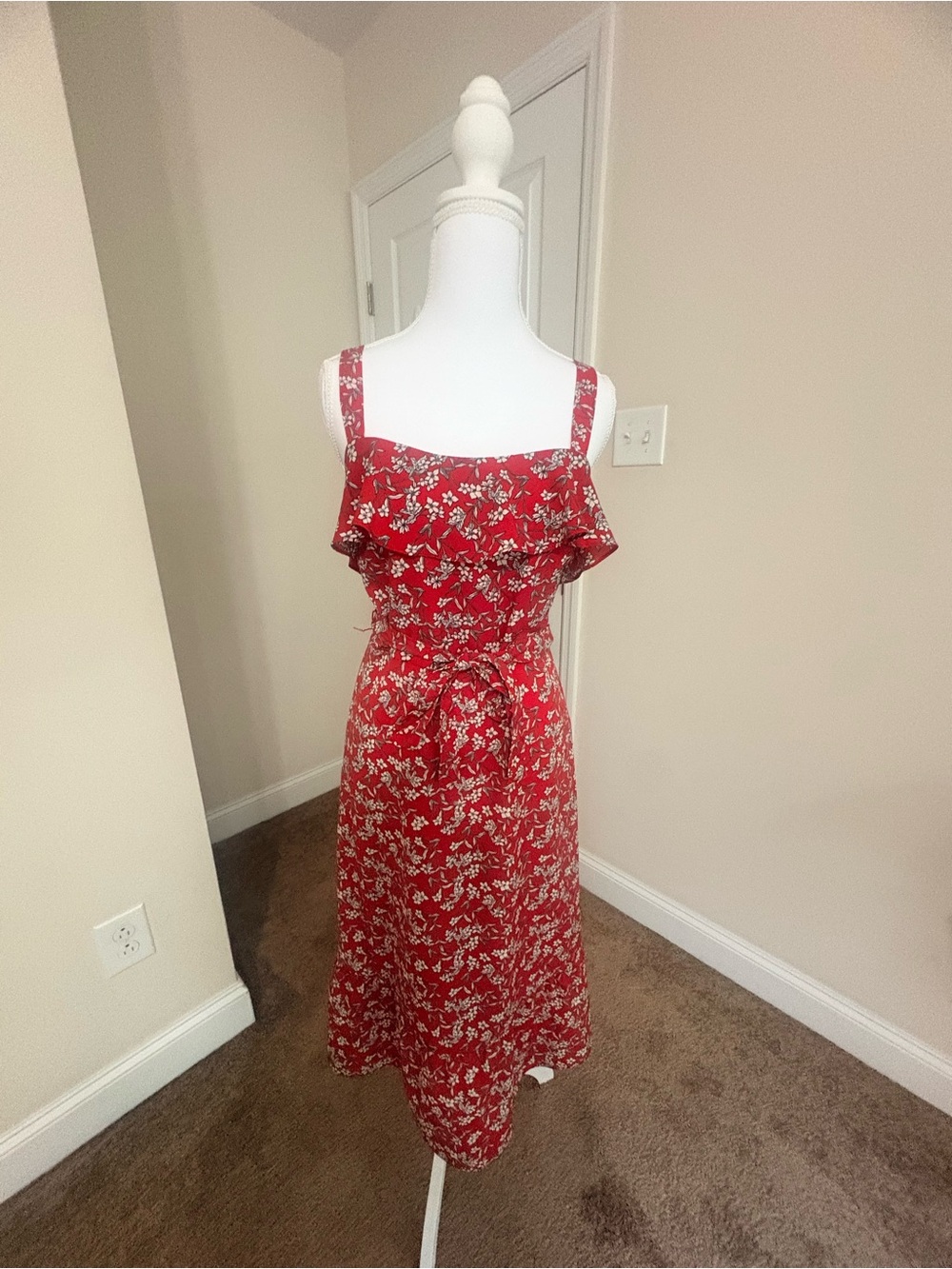 Banana Republic Red Floral Midi Dress with Ruffle Bodice
